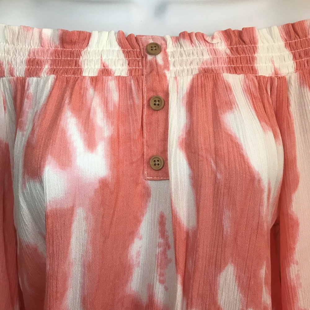 🔴 4/$15 Boutique coral & white tie dye crepey off-shoulder blouson top sz S NWT - Picture 8 of 15
